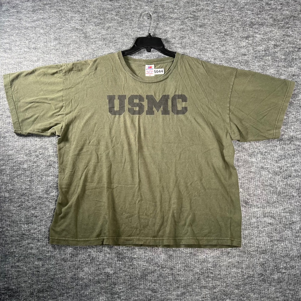 Bayside USMC T Shirt Mens 2XL Olive Green Military Graphic Made in USA